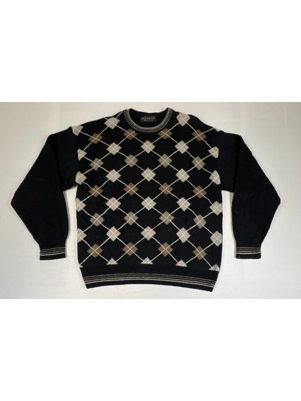 Brandini Vintage Mens L Black Argyle Crew Neck Acrylic Wool Sweater